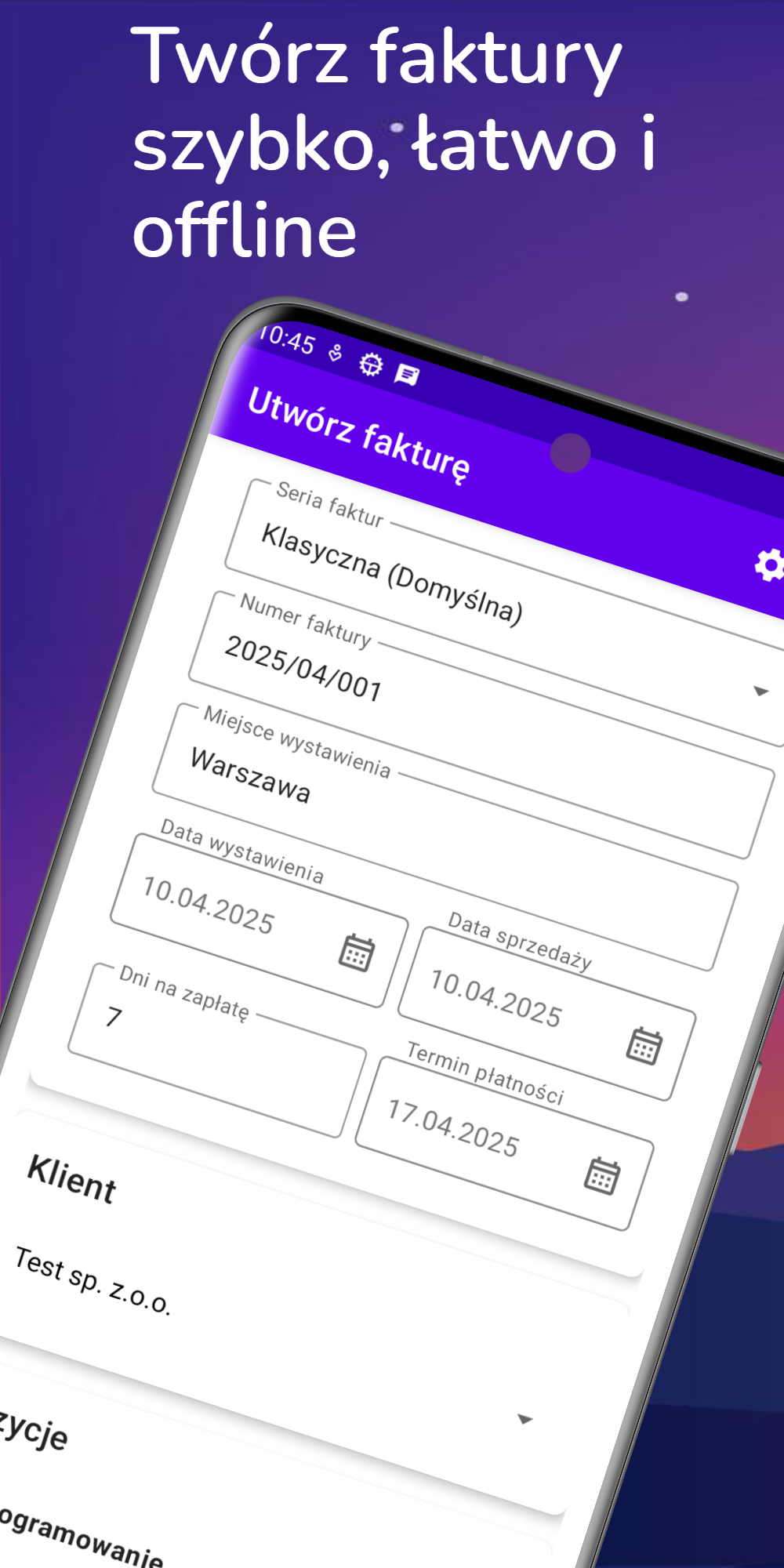 Zrzut ekranu aplikacji Faktura Offline - tworzenie faktury