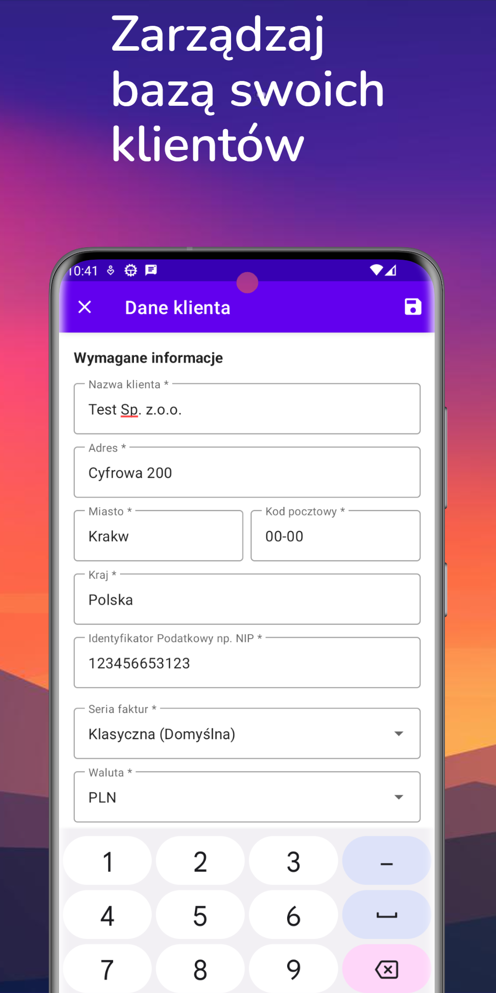 Zrzut ekranu aplikacji Faktura Offline - ustawienia serii numeracji